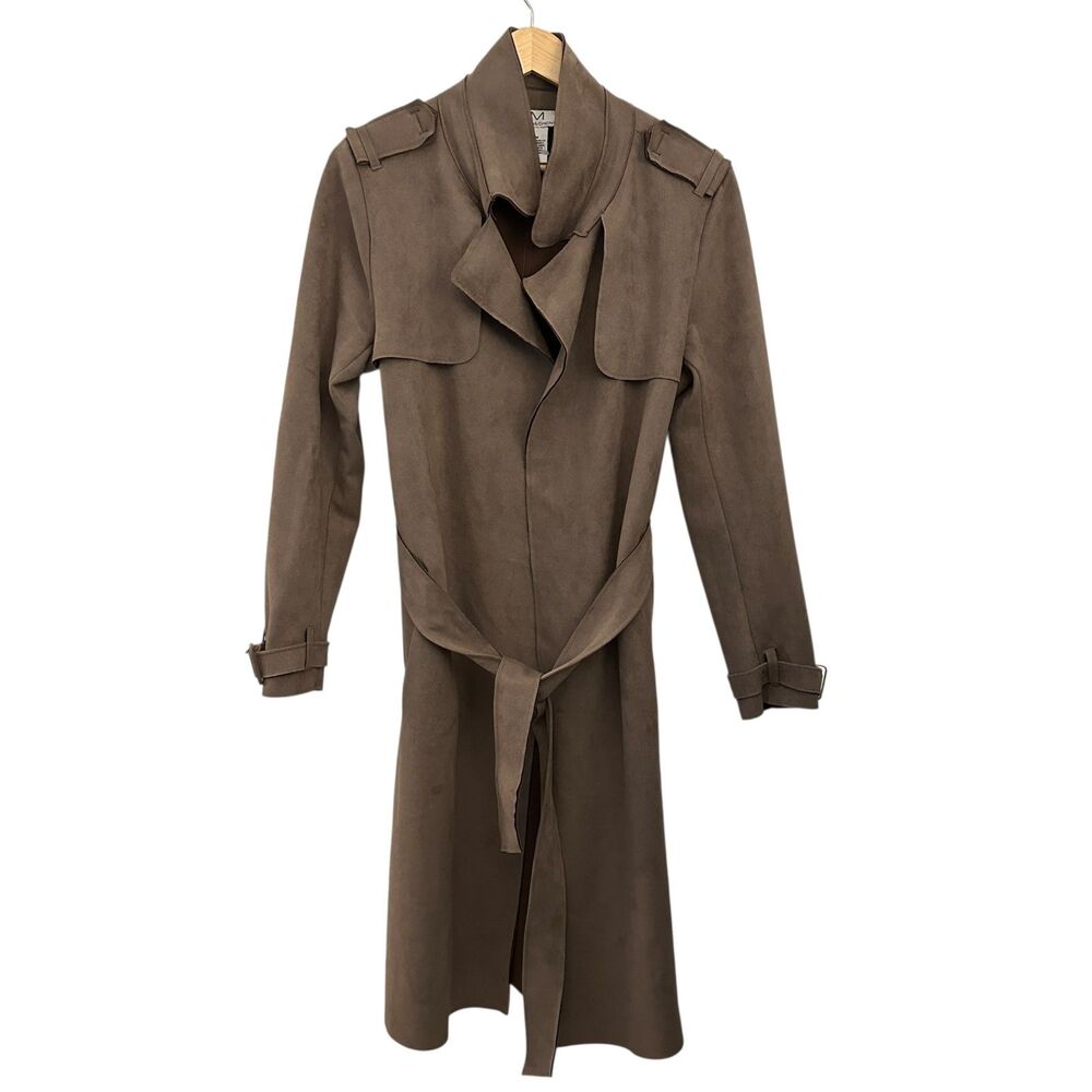 Magaschoni Women's Brown Soft Faux Suede Long Belted Trench Coat Size M